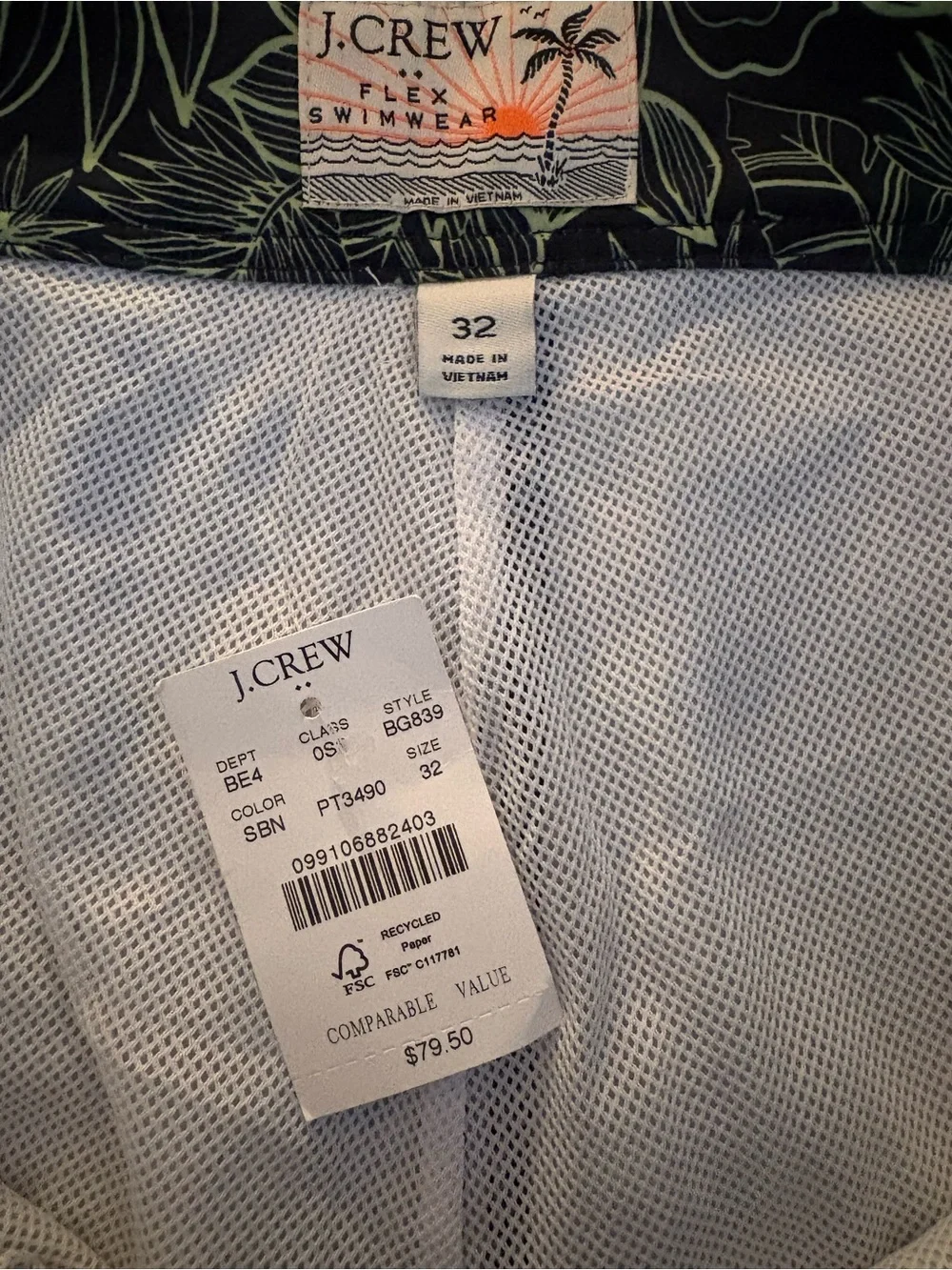 J. Crew 9” Board Shorts Size 32 NWT Navy Floral Swim Trunks with Neon Lime